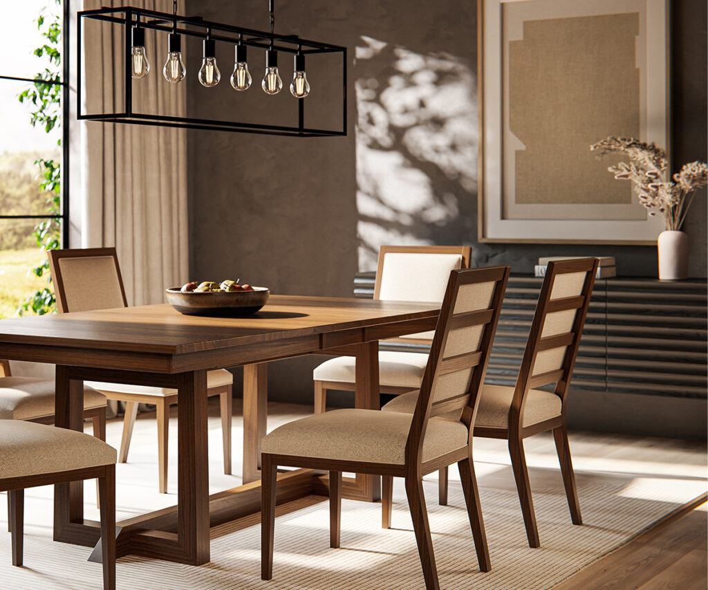 Dining Room Furniture 17 Solid wood dining room furniture with extension table and upholstered ladder-back chairs.