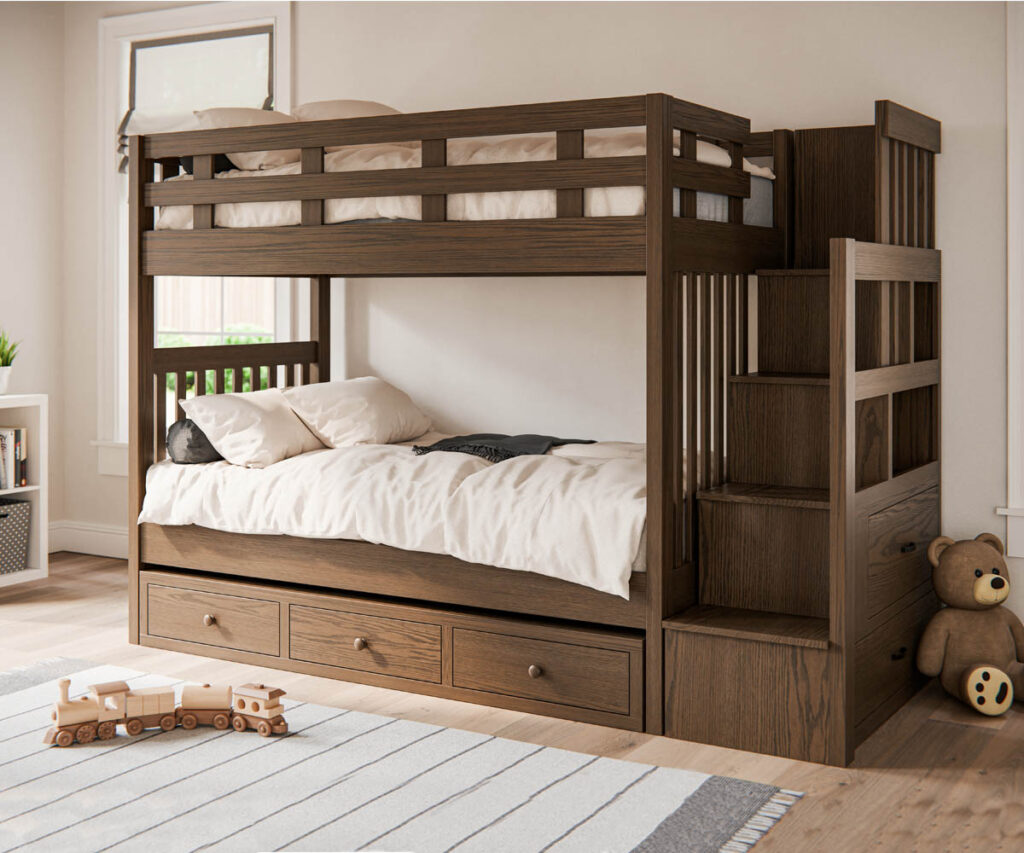 Children's Furniture 15 Solid wood children’s furniture bunk bed with stairs and built-in storage drawers.