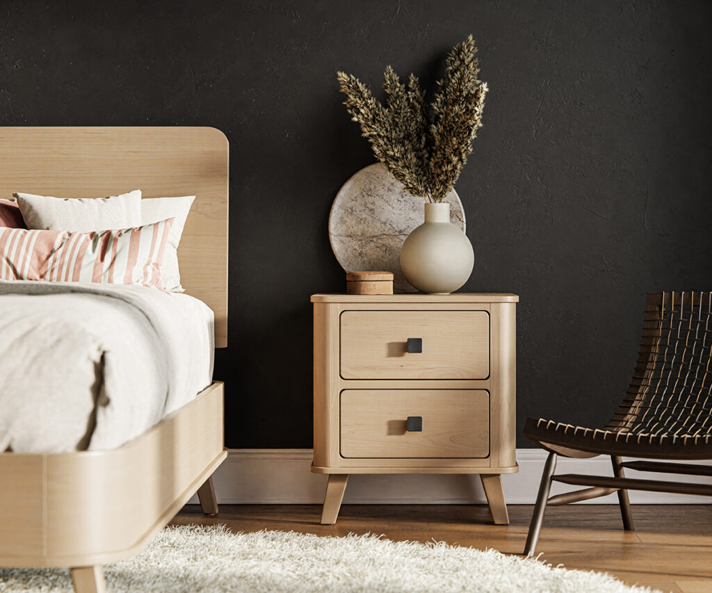 Design your own custom Amish furniture with a modern bed and matching nightstand.