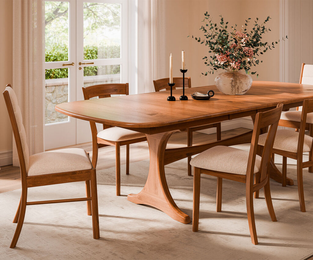 Dining Room Furniture 18 Solid wood dining room furniture with trestle table and upholstered chairs in bright room.