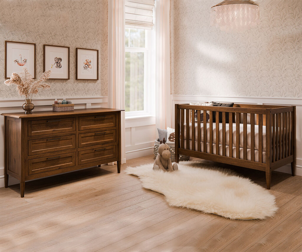 Children's Furniture 12 Solid wood children’s furniture with crib and dresser in a bright nursery.