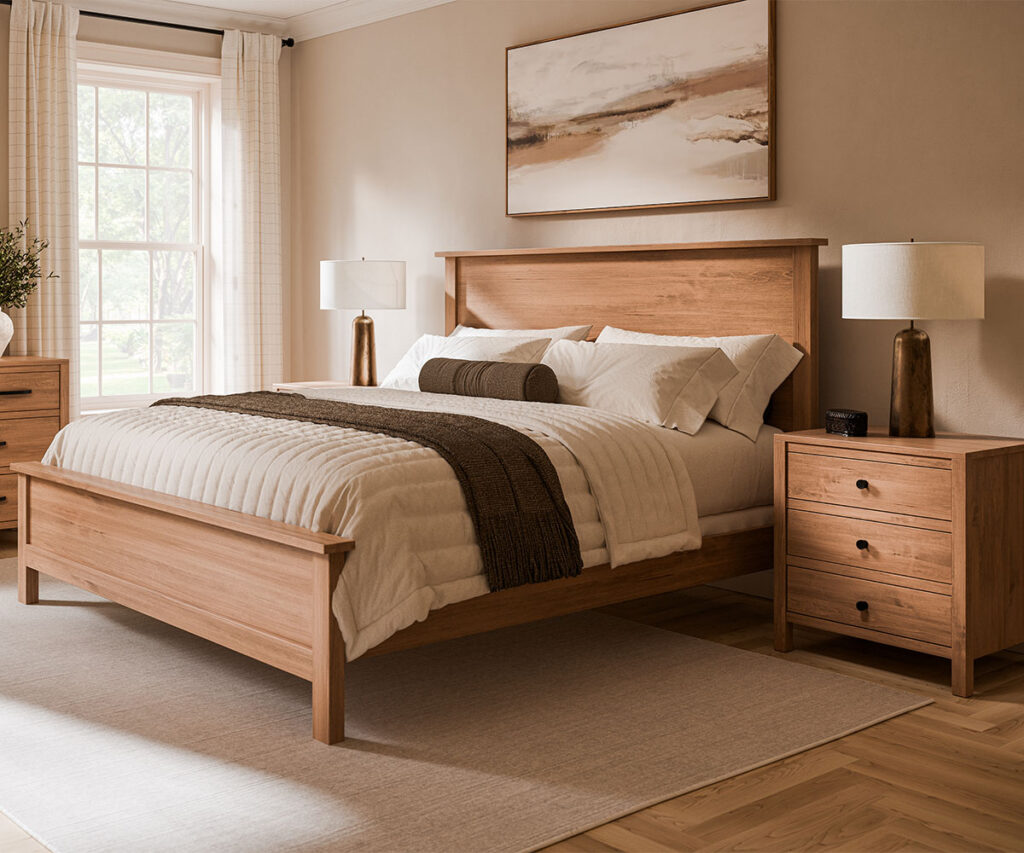 Bedroom Furniture 16 Solid wood bed and nightstands, bedroom furniture in a bright modern room.