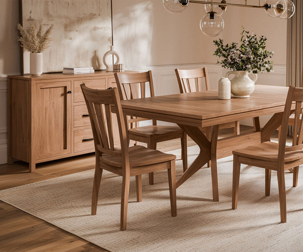 Dining Room Furniture 16 Solid wood dining room furniture with trestle table, chairs, and matching sideboard.