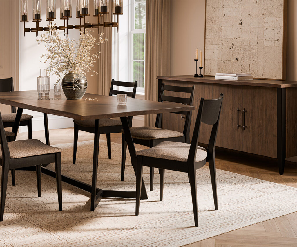Dining Room Furniture 15 Modern dining room furniture with wood table, black chairs, and matching buffet.
