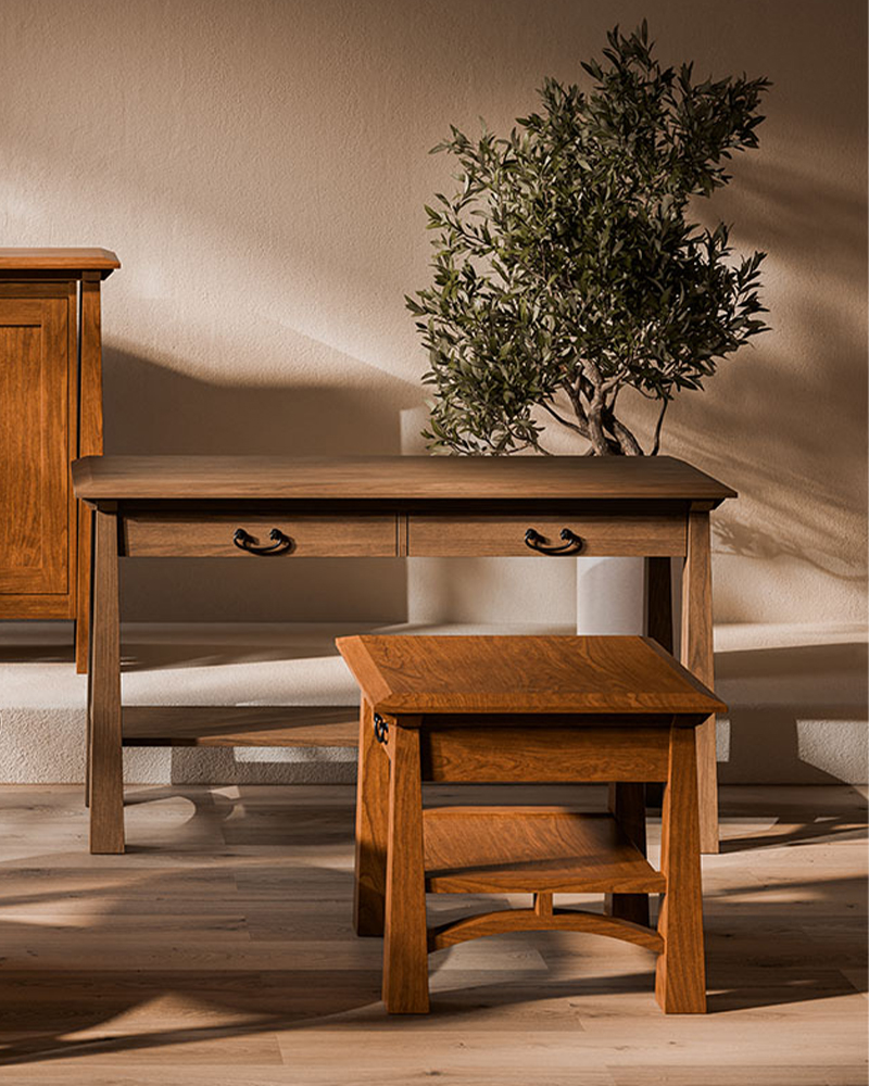 Living Room Furniture 41 Forks Valley Woodworking Artesa Collection Stylized Room Setting Round Coffee Table Portrait cropped