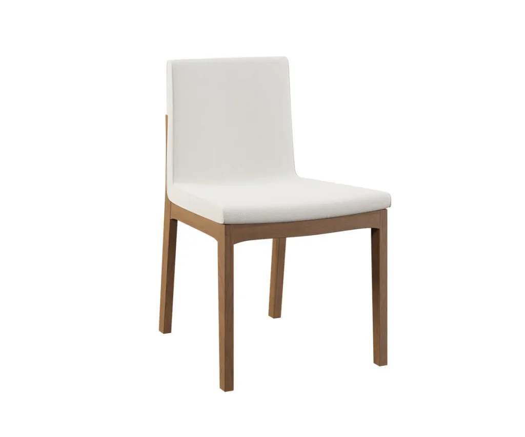 White upholstered dining chair with a wood frame and tapered legs.