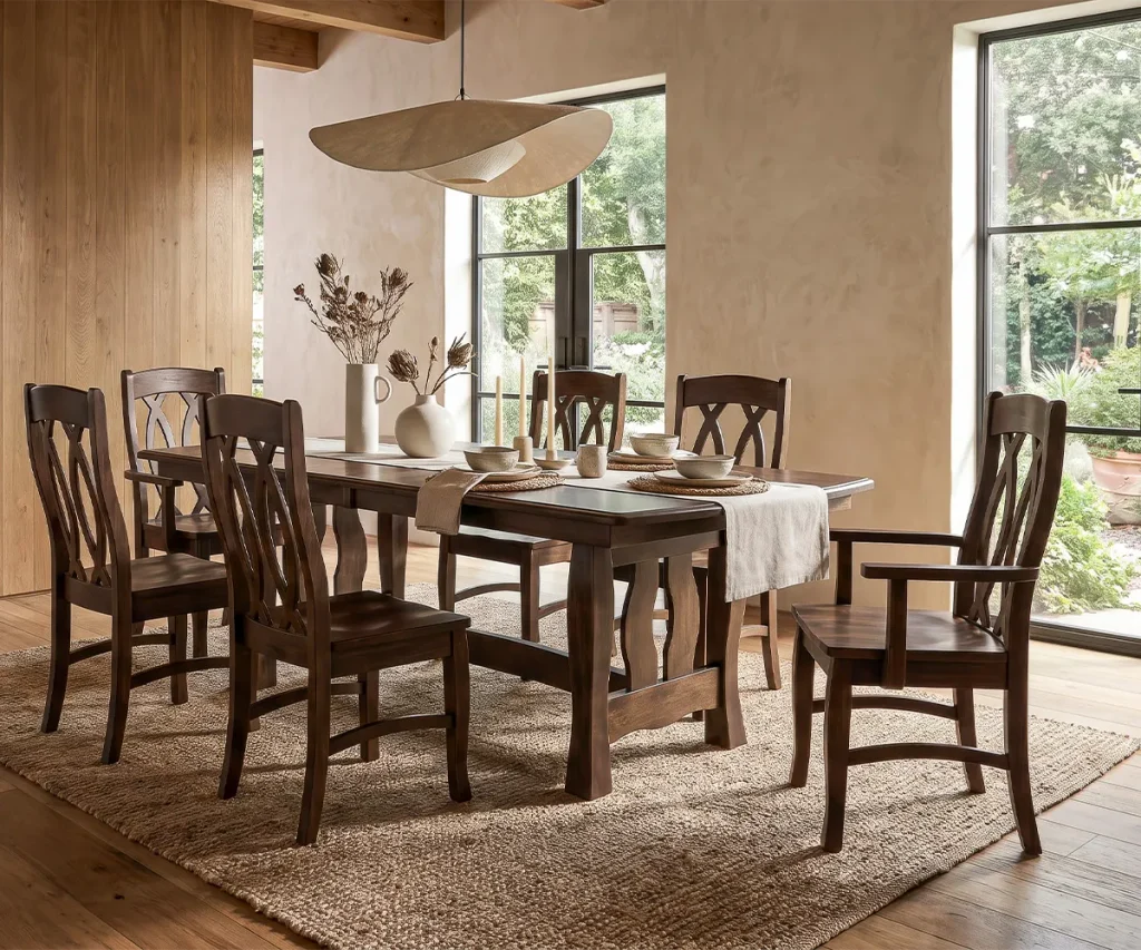 Rectangular wood dining table with coordinating chairs in a warm, contemporary dining room.