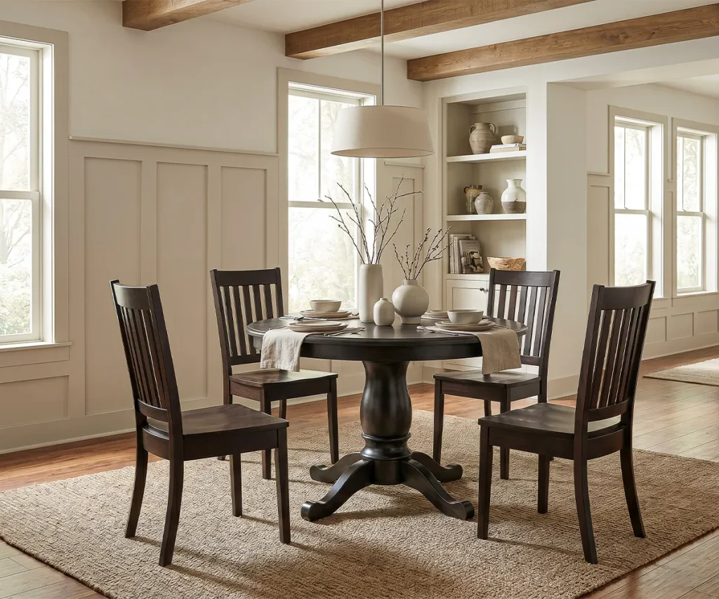 Round pedestal dining table with four dark wood chairs in a neutral dining room.