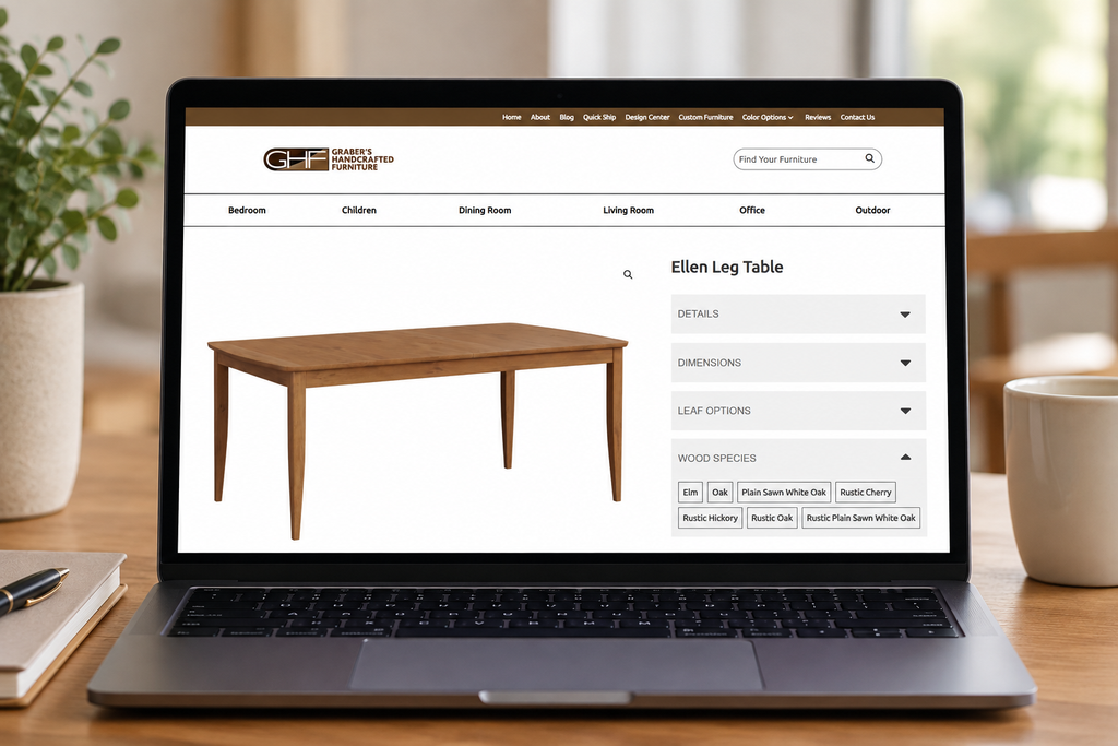 Laptop displaying a Graber’s Handcrafted Furniture dining table product page and customization options.