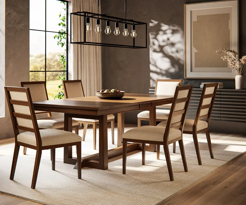 Rectangular wood dining table with six chairs beneath a modern black pendant light.