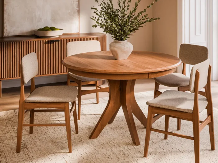Round wood dining table with four upholstered chairs in a warm, neutral dining room.