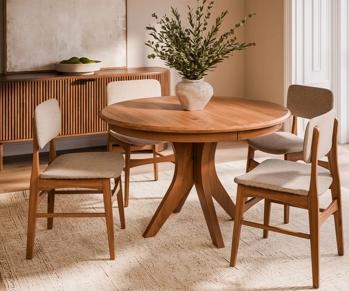 Round wood dining table with four upholstered chairs in a warm, neutral dining room.