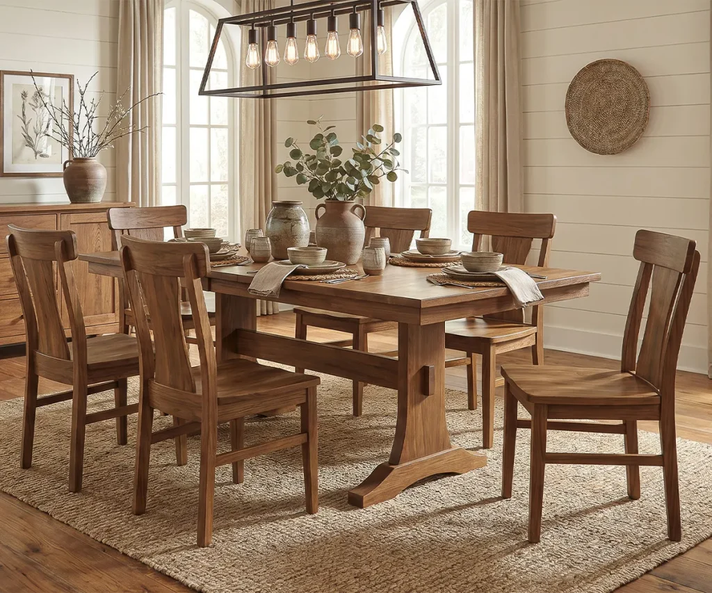 Solid wood trestle dining table surrounded by matching wood chairs in a bright dining space.