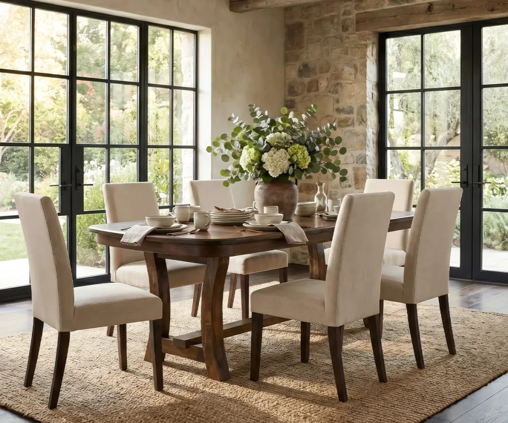 Designing a dining room with a rectangular wood table, upholstered chairs, natural light, and a floral centerpiece.